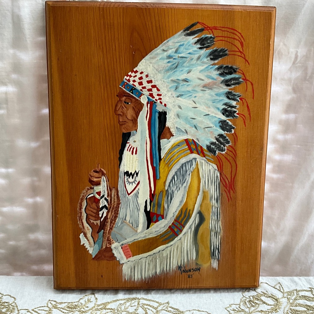 Vintage 1983‎ Nancy Robinson Mills Wades-in-Water Blackfeet Chief Wood Painting